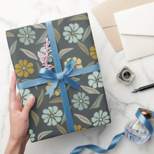 Retro Blauw & Geel Bloem Cadeaupapier