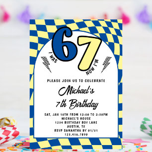 Retro Blauw Geel Geruit 6 7 Jongen 7de Verjaardag Kaart