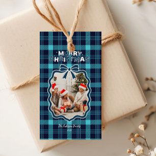 Retro Blauw Geruit Whimsical Kerstmis  Cadeaulabel