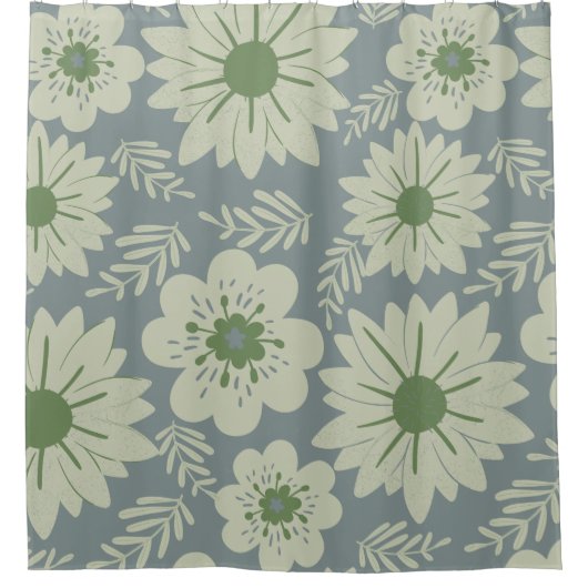Retro  Blauw Groen Bloemen Douchegordijn (Voorkant)