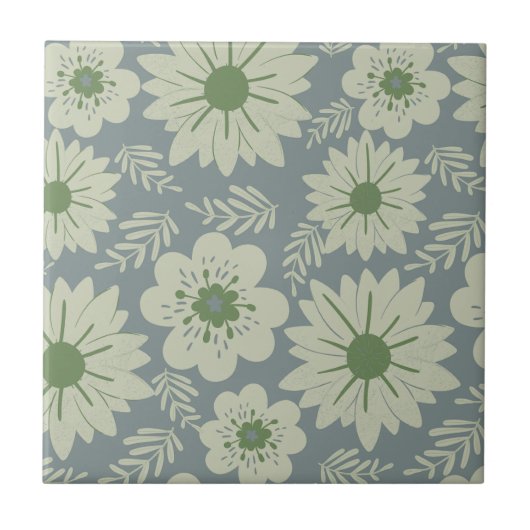 Retro Blauw Groen Bloemen Tegeltje (Voorkant)