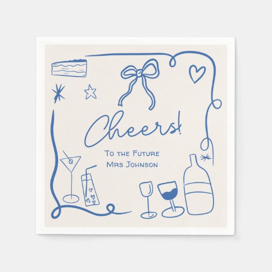 Retro blauw handgetekend geïllustreerd vrijgezelle servet (Voorkant)