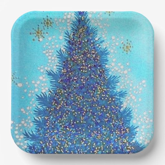 Retro blauw kerstboomfeest bord (Voorkant)