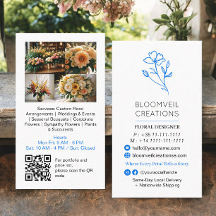 Retro blauw minimalistische bloemist foto's qr cod visitekaartje