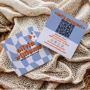Retro Blauw Oranje QR Code Groovy Geruit Trendy Vierkante Visitekaartje