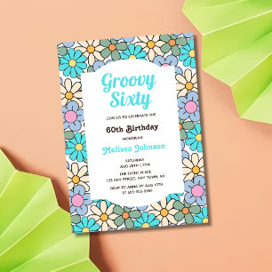 Retro Blauw Paarse Bloemen Groovy 60ste Verjaardag Kaart
