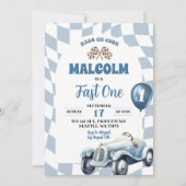  Retro Blauw Race Auto Snel Een 1e Verjaardag Kaart (Voorkant)