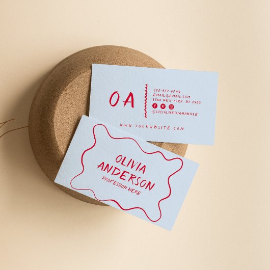 Retro Blauw Rood Hand Geschreven Boho Unieke Rand Visitekaartje