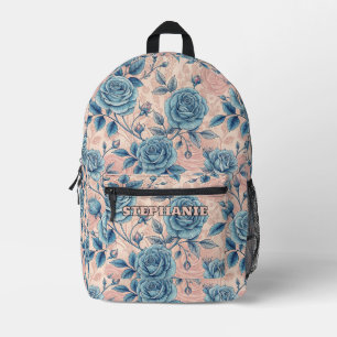 Retro Blauw Roos Patroon op Zacht Roze Achtergrond Bedrukte Rugzak
