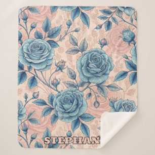 Retro Blauw Roos Patroon op Zacht Roze Achtergrond Sherpa Deken