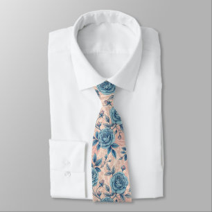 Retro Blauw Roos Patroon op Zacht Roze Achtergrond Stropdas