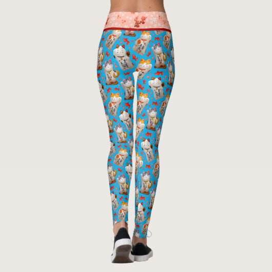 Retro Blauw Roze Japans Maneki Neko Kat en Koi Leggings (Achterkant)