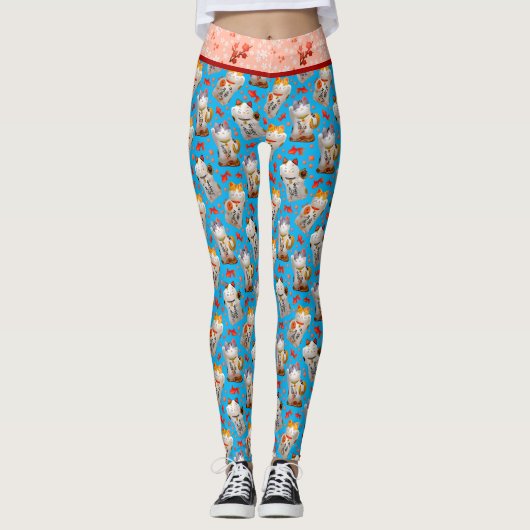 Retro Blauw Roze Japans Maneki Neko Kat en Koi Leggings (Voorkant)