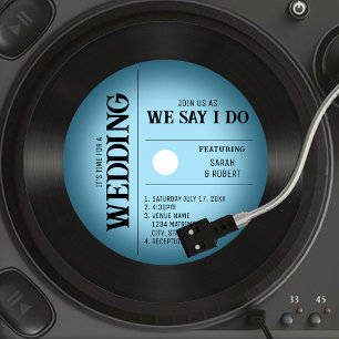 Retro Blauw Vignet Vinyl Record Bruiloft Kaart