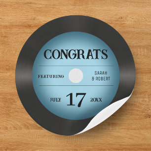 Retro Blauw Vinyl Record Bruiloft Gefeliciteerd Ronde Sticker