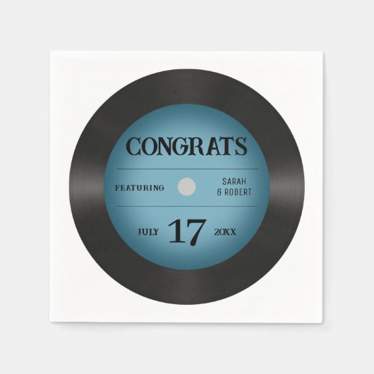 Retro Blauw Vinyl Record Bruiloft Gefeliciteerd Servet (Voorkant)