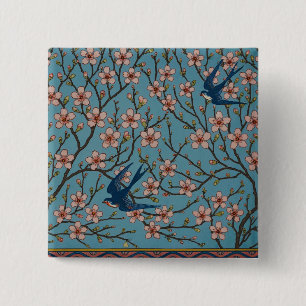 Retro Blauwe Bloemmotief met Zwaluwen van Walter C Vierkante Button 5,1 Cm