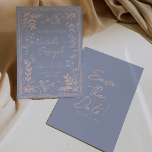 Retro Blauwe Crème Getekende Bloementuin Bewaar De Save The Date