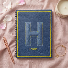 Retro Blauwe Denim Gele Steek Monogram Letter H Notitieboek