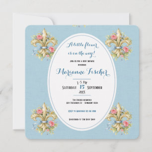 Retro Blauwe Fleur de Lys Baby Shower Uitnodiging