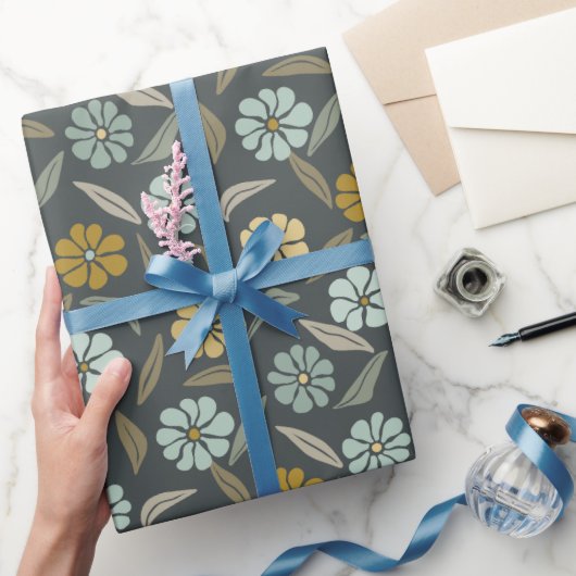 Retro Blauwe & Gele Bloem Cadeaupapier (Geschenken)