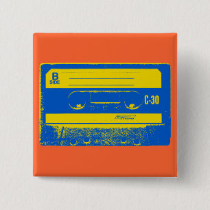 Retro blauwe & gele cassetteband vierkante button 5,1 cm