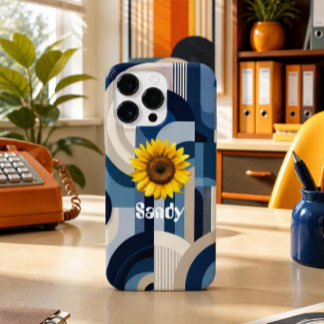 Retro blauwe geometrische zonnebloem iPhone hoes
