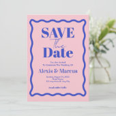 Retro Blauwe Golvende Sliert Foto Bruiloft Save The Date (Staand voorkant)