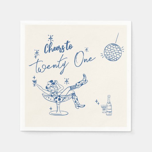 Retro Blauwe Hand Getrokken Kust Koe Meisje Verjaa Servet (Voorkant)