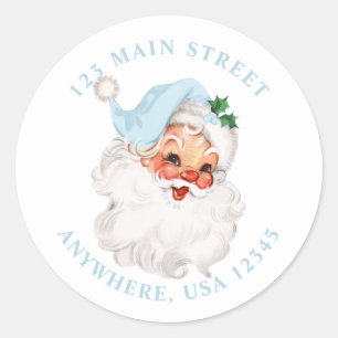 Retro blauwe kerstman retro adreslabel ronde sticker