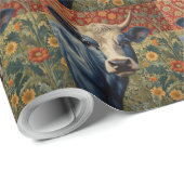 Retro Blauwe koe in zonnebloementuin Cadeaupapier (Rol Hoek)