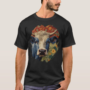 Retro Blauwe koe in zonnebloementuin T-shirt