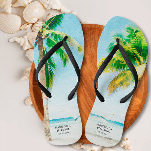 Retro Blauwe Kust Strand Palmbomen Tropische Oceaa Teenslippers
