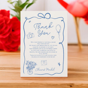 Retro blauwe met de hand getekende geïllustreerde bedankkaart