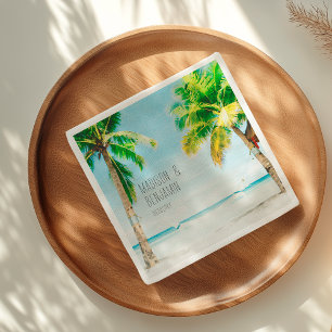Retro Blauwe Oceaan Strand Palmbomen Tropisch Huwe Servet