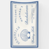 Retro blauwe schelpen & bruiloft bellen vrijgezell spandoek (Verticaal)