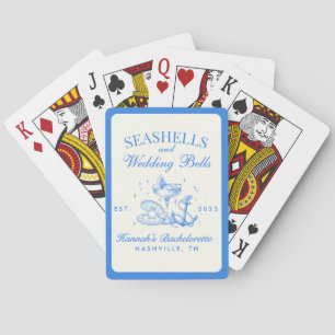 Retro blauwe schelpen & bruiloftsbellen vrijgezell pokerkaarten