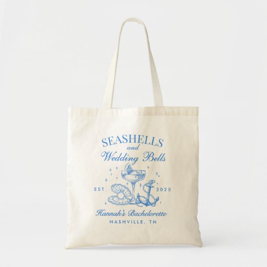 Retro blauwe schelpen & bruiloftsklokken vrijgezel tote bag (Voorkant)