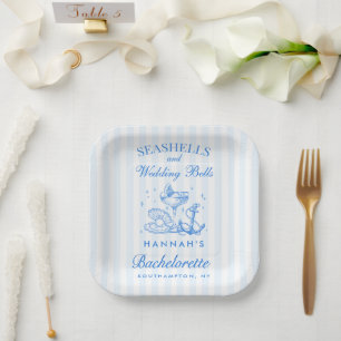 Retro Blauwe Schelpen & Trouwbellen Bachelorette Papieren Bordje