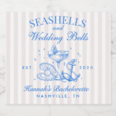 Retro Blauwe Schelpen & Trouwbellen Bachelorette Sparkling Wijnetiket (Enkel label)