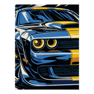 Retro Blauwe Spierauto Front Pop Art Illustratie Perfect Poster