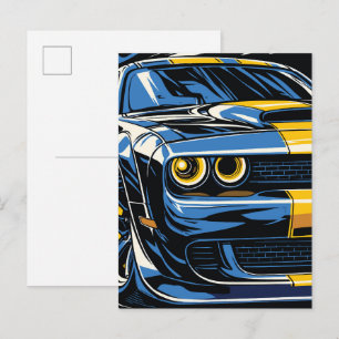 Retro Blauwe Spierauto Voor Pop Art Illustratie Briefkaart