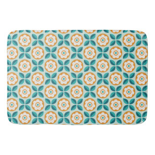 Retro Blauwgroen Aqua Sinaasappel Bloemen Geometri Badmat