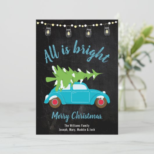 Retro Blauwgroen autostructuur en -verlichting all Feestdagenkaart (Staand voorkant)