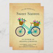 Retro Blauwgroen Bloemenfiets Sweet Sixteen Kaart (Voorkant / Achterkant)