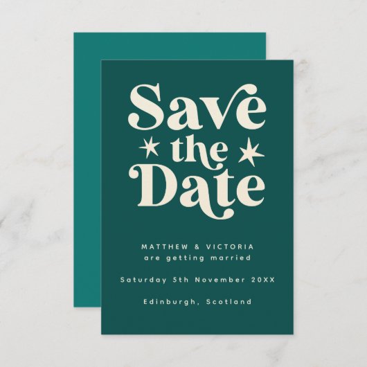 Retro Blauwgroen Boho Simple Save the Date Card (Voorkant / Achterkant)