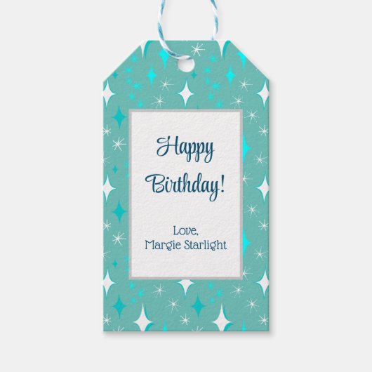 Retro Blauwgroen en White Star Pattern Bewerkbaar Cadeaulabel (Voorkant)