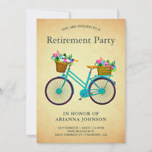  Retro Blauwgroen Floral Bicycle Retirement Party Kaart