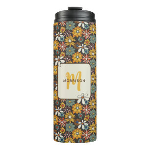 Retro Bloem Bruin Goud Turquoise Persoonlijk Thermosbeker