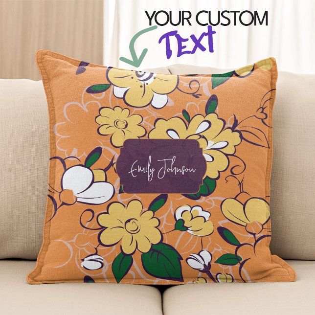 Retro Bloem Daisy Oranje Herfst Aangepaste Naam Kussen (Bohemian Meadow Floral Sketch Style Throw Pillow)